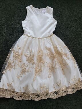 Elegant White & Gold Flower Appliqué Girls Dress